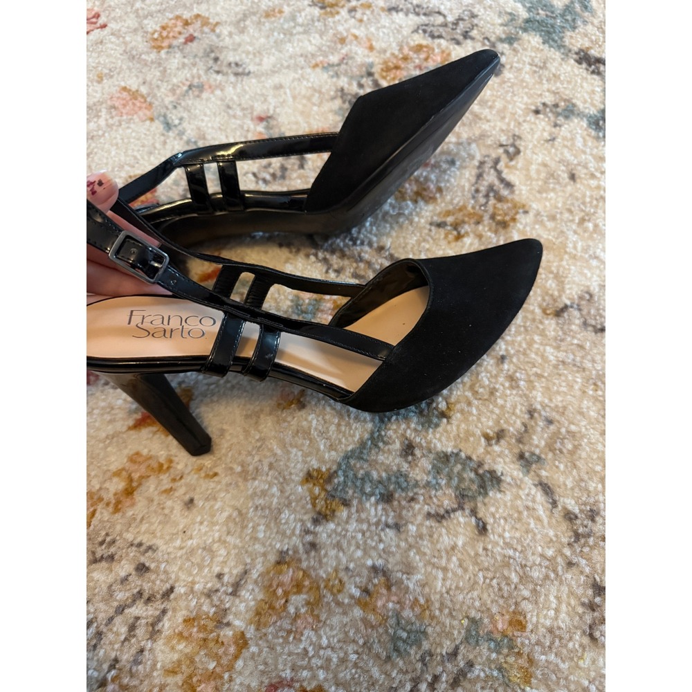Franco Sarto Womens Black Suede Patent Multi Strap Slingback Pointed Toe Heels